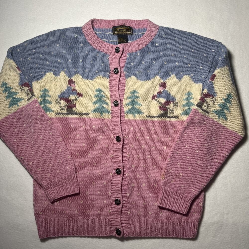 Eddie Bauer VTG 1980 Wool Cardigan Women L Pink Blue Snow Ski Cabincore Winter